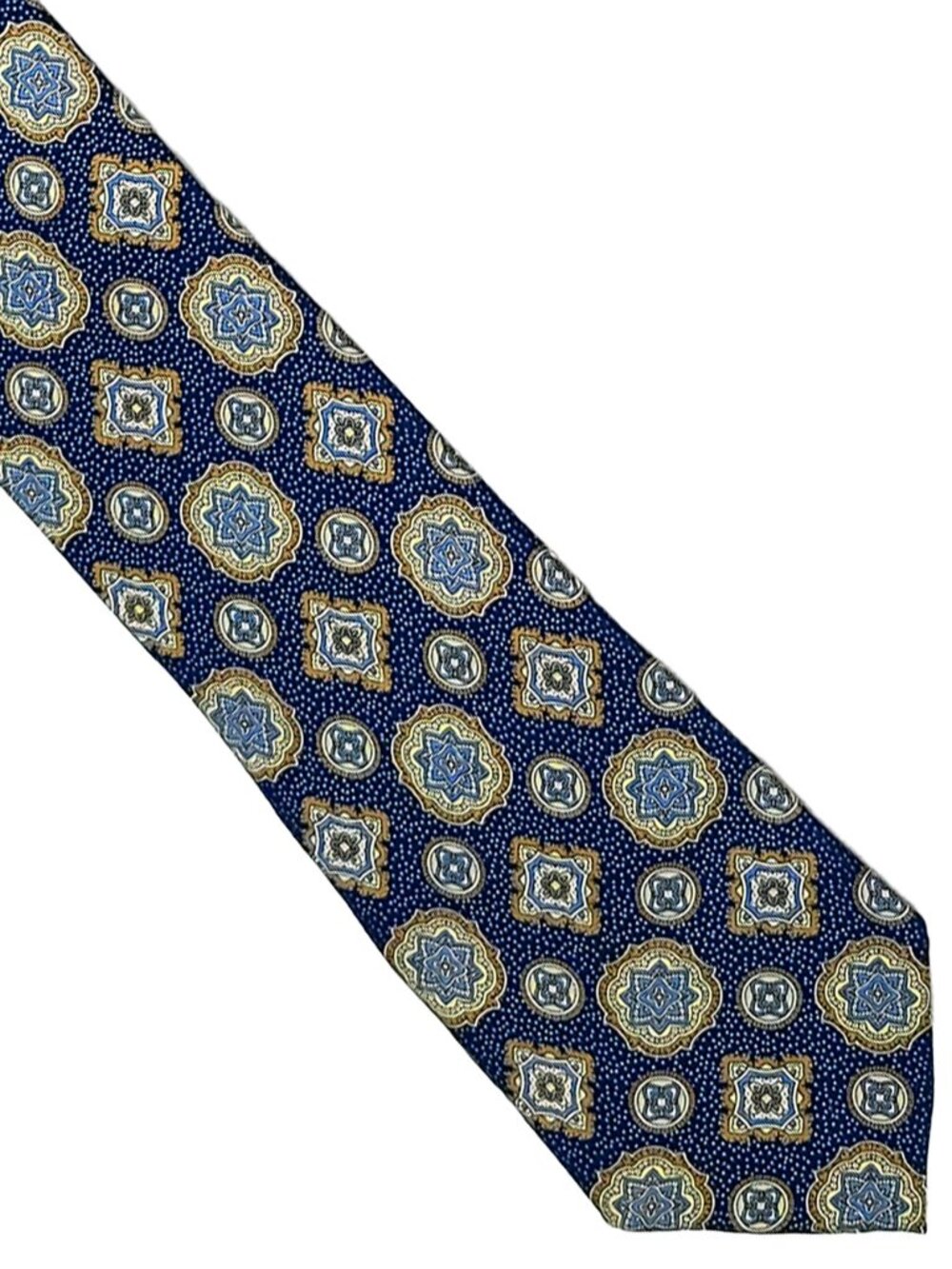Piattelli Blue Gold Medallion 100% Silk Long Tie Necktie 3.5 x 61